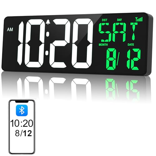 17" Large Digital Wall Clock, Bluetooth Sync, Auto Dimmer, Remote | Bluetooth Automatic Time Sync, Stable Plug-in Power, DST Support, Date Week Temperature Display, Fits all Indoor Spaces - color: White+green