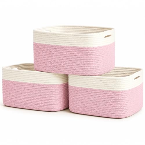 OrganiHaus Cotton Rope Baskets for Shelves, Set of 3, 15x9x10 | Handwoven; a toy bin and organizer for towels, books, or blankets; fits nursery, playroom, or bedroom decor - color: Pink / Off-White