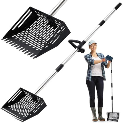 Linidcoud Chicken Poop Scooper, 10 Inch Metal Long Handle Chicken Coop Sand Pooper Scooper & Rake Adjustable Length, Durable Dog Pooper Scooper for Yard Farm Coop Accessories(Black) - color: Black
