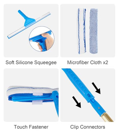2 in 1 Window Squeegee Cleaning Kit with Aluminum Alloy Extension Poles, Scrubber, Glass Scrapper, Bendable Duster,2 Scrubber Cloth for Window, Car, Floor, Home, Garden - color: Gold