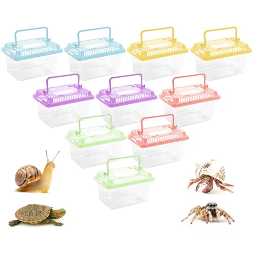 10 Pack Small Plastic Reptile Carrier, Tarantula Enclosure Breeding Box with Handle and Ventilation Lid, for Spider Lizard Turtle Hermit Crab Fish, 7 x 4.3 x 4.3 Inch, Multi-Color - size: 7 X 4.3 X 4.3 Inch