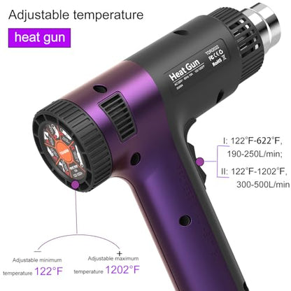 1800W Heat Gun (122℉-1202℉) with 4 Nozzles & Temp Control | Hot air tool with 2 fan speeds & built-in overload protection for safe, precise vinyl wrapping, resin DIY & shrink tubing.