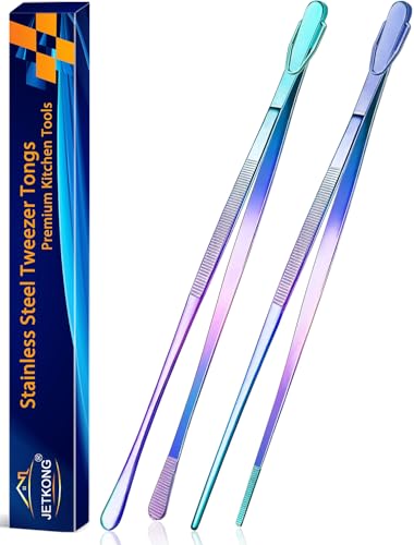 JETKONG 2 Pcs 14-Inch Culinary Tweezers Extra Long Food Tweezers Kitchen Tweezer Tongs for Cooking Grilling and BBQ (Rainbow) - color: Rainbow, size: 14+14 Inch