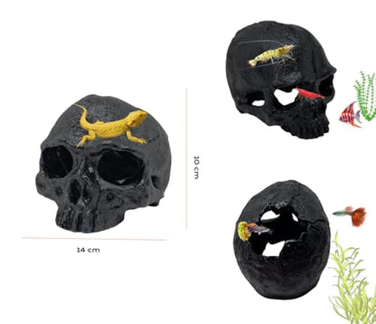 Aquarium Terrarium Skull Decor, Reptile Hide House Shelter Cave for Geckos Spider Lizard Snake, Fish Tank Hide Cave House Hideouts Stones for Small Fish Shrimp Betta Crab Guppy Cichlids (Black)