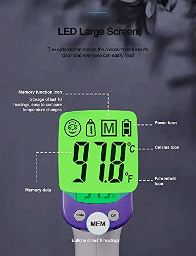 HUHETA Infrared Thermometer for Adults, Non Contact Forehead Thermometer with Fever Alarm, Accurate Reading and Memory Function, Body Temperature & Surface of Objects Use (Purple) | Accurate Reading,Memory Function,Fever Alarm, Body Temperature & Surface