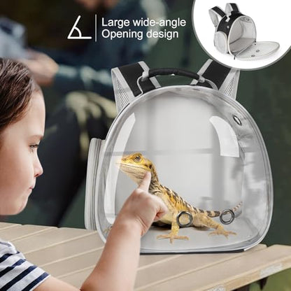 Bearded Dragon Travel Backpack with Harness and Leash Set,Lizard Backpack Travel Carrier,Space Capsule Clear Bubble Window Astronaut Reptile Carrier Backpack, Airline Approved - color: Black