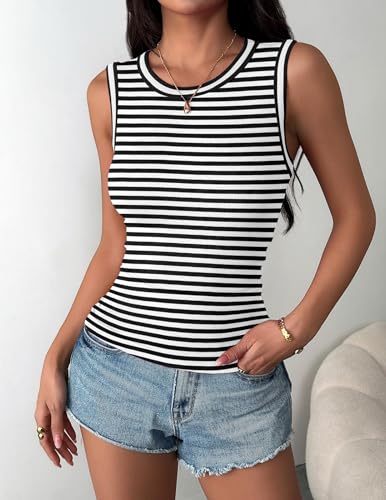 Zeagoo Womens Sleeveless Crewneck Ribbed Tank Tops Casual Basic Summer Top | Cute Going Out Shirts, Slim Fitted Women Tops, Racerback Top Shirt Clothes, Dressy Casual Fashion Clothing - color: A - Stripe Black White, size: Small