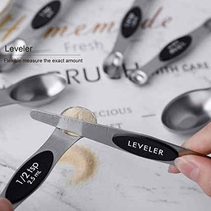 Magnetic Measuring Spoons Set Stainless Steel Stackable Measuring Spoons | Dual Sided Nesting Teaspoons Tablespoons Set of 8 for Measuring Dry and Liquid Ingredients - color: black-8