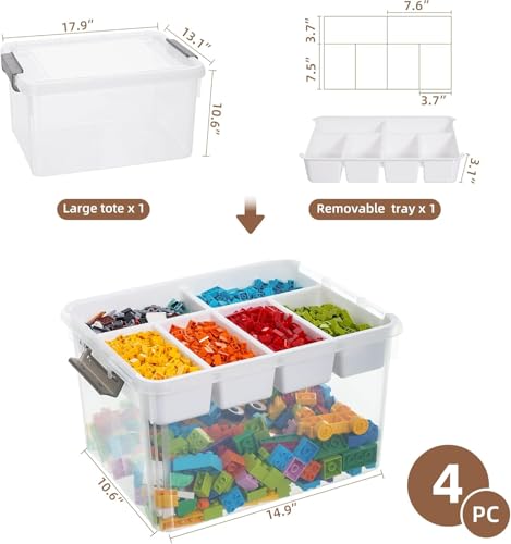 Citylife 32QT 4Packs Clear Craft Organizers and Storage Box with Tray | Stackable Art Supply Organizer Storage Bins with Lids for Beads, Markers, Sewing, Tools, Clothes, Files, Office Supplies - size: 32 Qt- 4 Pack