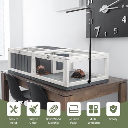 43in Tortoise Habitat for Indoor & Outdoor, Large Wooden Wooden Tortoise House with Adjustable Lamp Stand and Waterproof Tray, Turtle Habitat Reptile Cage, Tortoises Enclosure for Small Animals