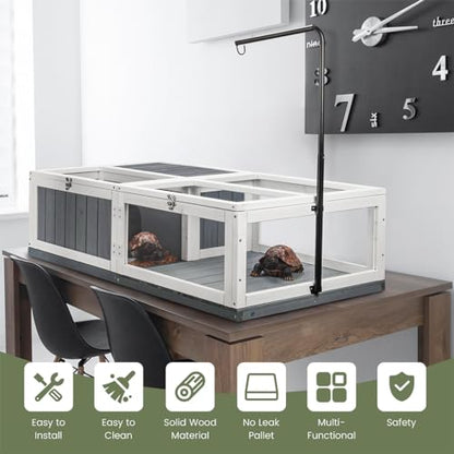43in Tortoise Habitat for Indoor & Outdoor, Large Wooden Wooden Tortoise House with Adjustable Lamp Stand and Waterproof Tray, Turtle Habitat Reptile Cage, Tortoises Enclosure for Small Animals