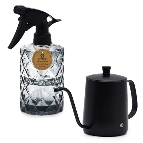 Watering Can for Indoor Plants, Black Water Can Spray Bottle 2 Pack | Long Spout Metal Stainless Steel 21 oz Watering Can with 14 oz Glass Plant Mister Spray Bottle for Plant Bonsai Water Can - color: Black Watering Can + Grey Spray Bottle