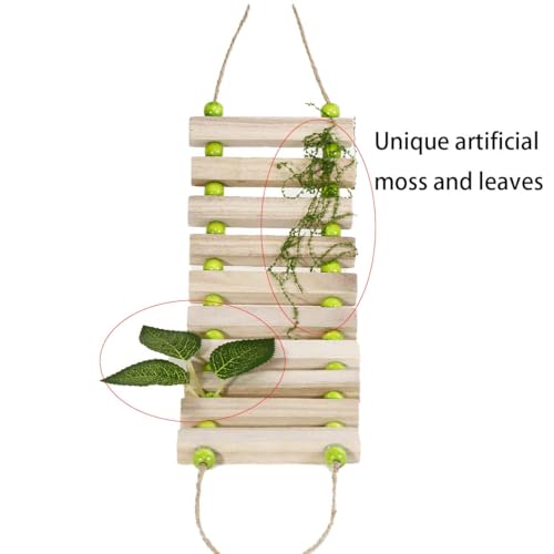 Handmade Wooden Bearded Dragon Climbing Ladder with Artificial Leaves and Moss Leopard Gecko Tank Accessories Bearded Dragon Tank Accessories Hanging Flexible Swing (Green)