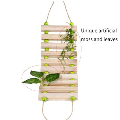 Handmade Wooden Bearded Dragon Climbing Ladder with Artificial Leaves and Moss Leopard Gecko Tank Accessories Bearded Dragon Tank Accessories Hanging Flexible Swing (Green)
