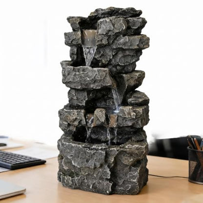 Tabletop Rock Waterfall Fountain, 4-Tier Stacked Stone, Resin, LED Lights, USB Powered, 7.08 x 5.5 x13.3Inches