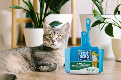 Fresh Step 4-in-1 Deluxe Litter Cleanup Kit - Cat Scoop, Broom, Dust Pan, and Hanging Caddy, Compatible with Standard Plastic Litter Pans and Disposable Litter Boxes, Blue | Includes scoop, broom, dust pan, and hanging caddy, compatible with standard litt