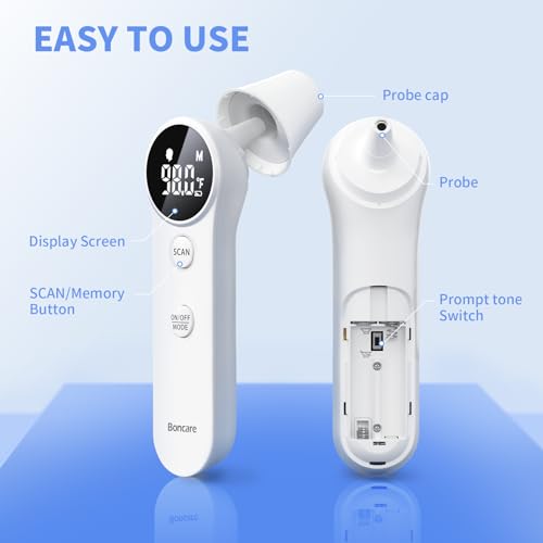 Boncare Ear and Forehead Thermometer for Adults and Kids | 2X Accuracy Infrared Digital Thermometer ,1 Second Reading, No Touch Baby with Fever Alarm