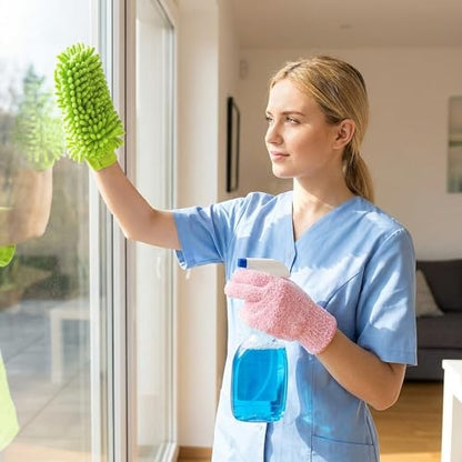 Potchen 6 Pcs Microfiber Dusting Mitt Gloves for Plants Washable Dusting Gloves for House Cleaning Furniture Car Washing - color: Green, Pink, Cyan