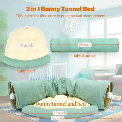 BWOGUE Bunny Tunnel Bed, 2-in-1 Collapsible Rabbit Tunnel Hideout with Mat | Removable Mat for Washing, 46.8 in Length, Ball Toy for Play, Soft Suede Fabric, Cats Rabbits Guinea Pigs - color: Green