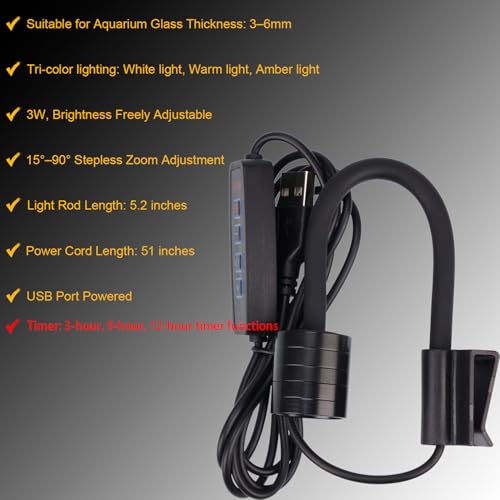 Mini Aquarium Spotlight with Timer, Clip-On Gooseneck Lamp, 15°-90° Zoom | Tri-Color White/Warm White/Warm Light, Dimmable 3W USB, 5.2 In Gooseneck, Fits Glass Up To 8mm - color: Black - with Timer