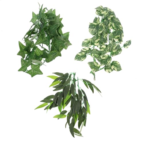 LIOOBO 3pcs Reptile Terrarium Plant Set, Realistic Green Vine Leaves Decoration, 12-inch Leaf and 30cm Faux Plants for Lizard Gecko Snake Habitat