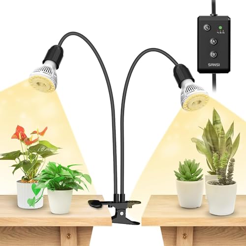 SANSI LED Grow Lights for Indoor Plants, Lifetime Free Bulb Replacement | 300W Full Spectrum 2-Gooseneck Clip Plant Grow Light, Plant Light with Timer 4/8/12 Hrs, High PPFD Growing Power Grow Lamp - size: 2 Head 1 Pack
