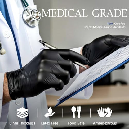 PROMEDIX P Black Disposable Nitrile Gloves, 6Mil 100 Pcs Food Safe Cooking Gloves Latex Free Rubber Gloves for Cleaning Exam - color: Black, size: Medium