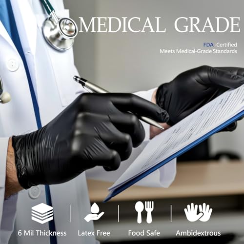 PROMEDIX P Black Disposable Nitrile Gloves, 6Mil 100 Pcs Food Safe Cooking Gloves Latex Free Rubber Gloves for Cleaning Exam - color: Black, size: Medium