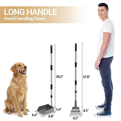 Dog Pooper Scooper, Dog Poop Tray and Rake Set with Long Stainless Handles | Pet Waste Removal Scoop with Adjustable Sectional Handles - color: Silver/Black