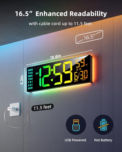 EASYERA Smart Digital Wall Clock App Control, 16.5” Large RGB Clock | DIY Color, LED Display, Auto DST, Plug-In, Music Sync | Classroom Home Gym Gaming