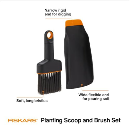 Fiskars Planting Soil Scoop & Brush Set, Dual-Sided Tool for Indoor Potting - style: Soil Scoop & Brush Set