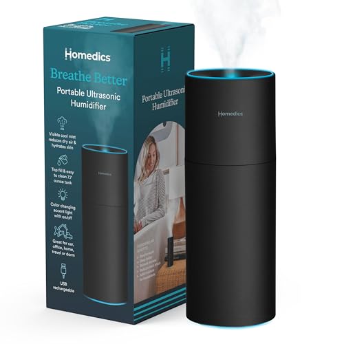 Homedics Portable Humidifier - Small Air Humidifiers, Matte Black | for Bedroom, Plants, Office, Travel - Cool Mist Humidifiers, Color-Changing Accent Light, 2 Mist Settings - color: Black