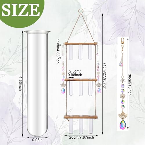 3 Tier Wall Hanging Propagation Stations with Crystal Suncatchers | Wall Plant Flower Vase, 9 Glass Test Tube Holder, Wooden Stand for Hydroponic Cutting, Window Decor Gift for Plant Lover