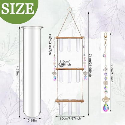 3 Tier Wall Hanging Propagation Stations with Crystal Suncatchers | Wall Plant Flower Vase, 9 Glass Test Tube Holder, Wooden Stand for Hydroponic Cutting, Window Decor Gift for Plant Lover