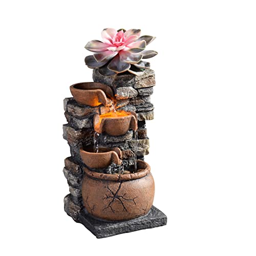 Indoor Fountain 4-Bowl Rockery Soothing Sound Tabletop Fountains Home/Office Decor with a Small Plastic Pot to Grow The Plant by Yourself(Automatic Watering)(23001)
