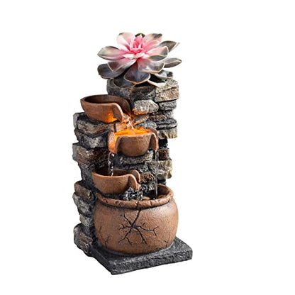 Indoor Fountain 4-Bowl Rockery Soothing Sound Tabletop Fountains Home/Office Decor with a Small Plastic Pot to Grow The Plant by Yourself(Automatic Watering)(23001)