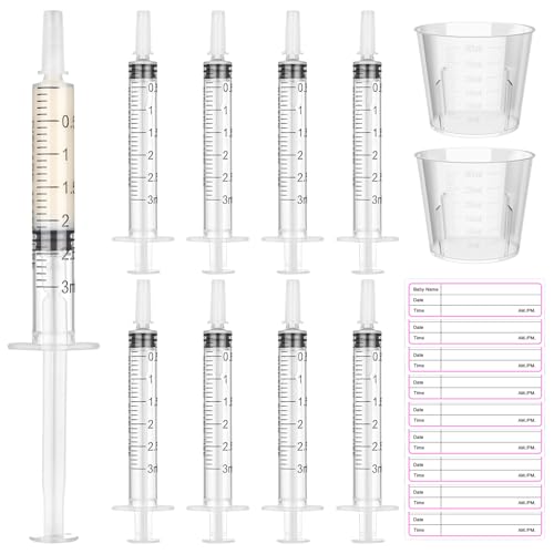 Syringes with Caps Kit, 50pcs 3ml Colostrum Syringe, 2pcs 30ml Measuring Cup, 50pcs Adhesive Labels - style: 3ml