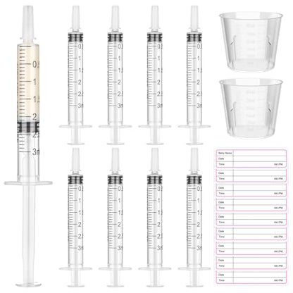 Syringes with Caps Kit, 50pcs 3ml Colostrum Syringe, 2pcs 30ml Measuring Cup, 50pcs Adhesive Labels - style: 3ml