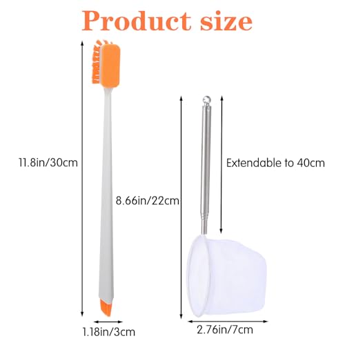 2 Pcs Small Fish Tank Cleaner Brush with Fishing Net, Algae Scraper | Fish Tank Brush Scrubber Sponge Tool, Long Handle, for Cleaning Glass Acrylic Aquariums, Home Kitchen