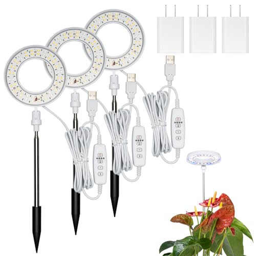 Plant Lights for Indoor Growing, Full Spectrum Grow Light with 48 LEDs, 5 Dimmable Levels Super Bright Halo Grow Lights, with Automatic Timer, Height Adjustable 7"-17", Pack of 3 - size: 3-Pack
