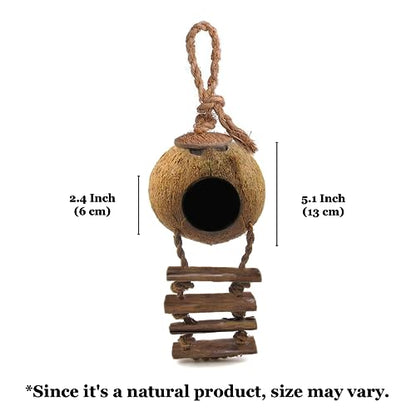 SunGrow Hermit Crab Coco Hut with Ladder, Hamster & Hermit Crab Hideout, Coconut Hide for Reptiles, Crab Cage Climbing Toys, Coconut Shell Mouse House, Habitat Tank Accessories, 5"