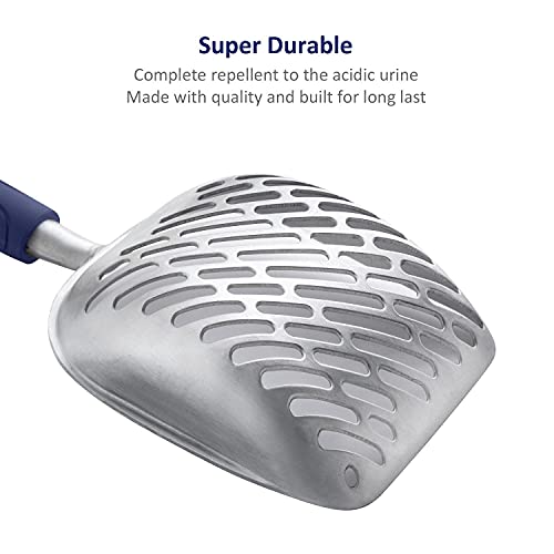 Cat Litter Scoop, Aluminum Alloy Sifter, Kitty Metal Scooper, Deep Shovel with Diagonal Sifting Hole, Long Handle, Kitten Poop Lifter for Litter Box, Medium Size, Blue Handle - color: #01 Blue, size: Medium