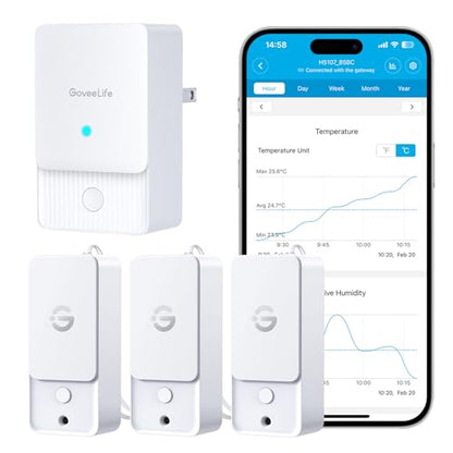 GoveeLife Outdoor Indoor Wi-Fi Gateway Thermo-Hygrometer Wireless, 3 Pack | IP65 Waterproof Temperature Humidity Sensor with Remote APP Alert, 1312ft Monitoring Range, for Home, Greenhouse, Patio - style: LoRa Gateway + 3 Sensors