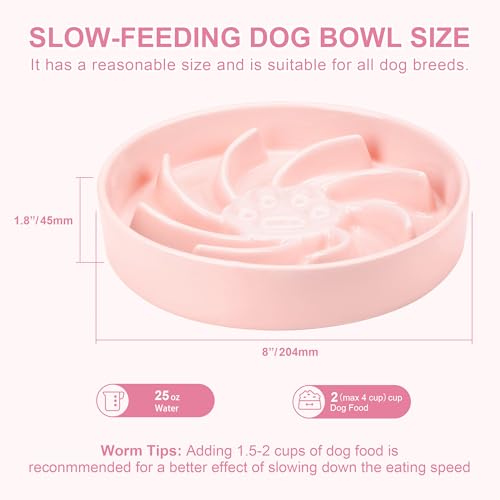 Ceramic Slow Feeder Dog Bowl, 3 Cup Dog Food or 25oz Water, Slow Eating Bowl for Middle Breed, Maze Puzzle Feeder for Fast Eaters, Anti-Choking Stop Bloat, Non-Slip BPA Free (Pink) - color: Pink