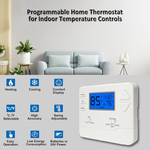 Programmable Thermostat for House, 5-1-1 Day Programmable Digital Energy-Saving Thermostat，Multi-Stage, 2 Heat/2 Cool, Advanced Thermostat for Enhanced Home HVAC Systems，Blue Backlight - color: Blue
