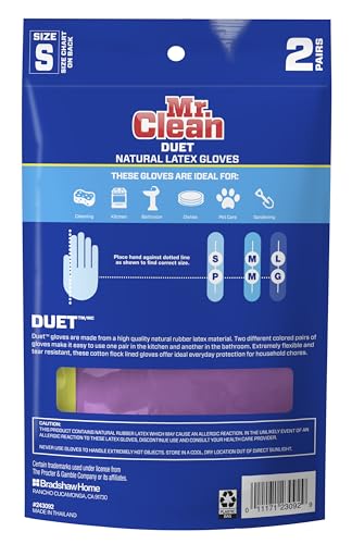 Mr. Clean Duet Reusable Latex Cleaning Gloves with Non-Slip Grip, 2 Pair, Small - size: Small (Pack of 2)