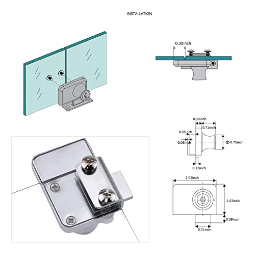 Showcase Lock Stainless Steel No Drill Glass Door Lock Display Cabinet Double Door Lock with Key for 0.21inch -0.31inch Glass Door( keyed Different) (Silver, 409-1PCS)