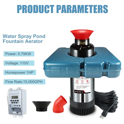 Goldlife Pond Fountain Aerator F2 1HP 750W 15000GPH Floating Fountains Pump | 110V, Stainless Steel Auto Powerful Aerating Fountain Pump For Small/Large Pond Lake, Eye-Catching Water Spary, Boosts Oxygen - color: Blue B