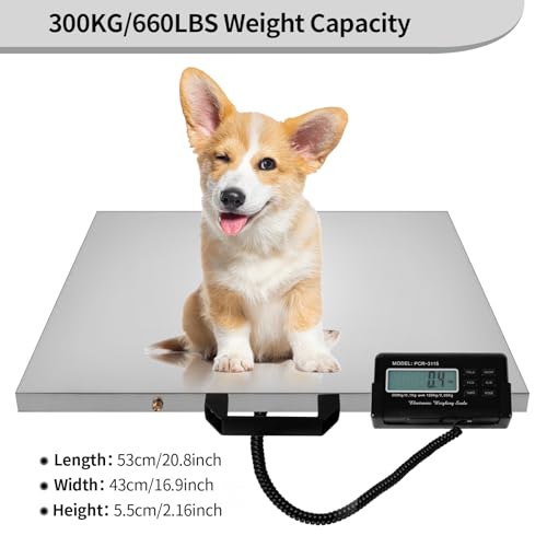 Digital Livestock Scale 660Lbs x 0.2Lbs,21'' x 17'' Veterinary Scale Pet Vet Scale Stainless Steel Platform Animal Scale,Electronic Postal Scale, Industrial Floor Scale