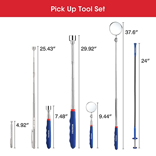 WORKPRO 4PC Telescoping Magnetic Pick Up Tool Kit, For Auto Repair | 24 inches flexible grabber pick up tool, 360° Adjustable Inspection Mirror, 2PC Magnetic Pick Up Tool, Four Claw Grabber Tool